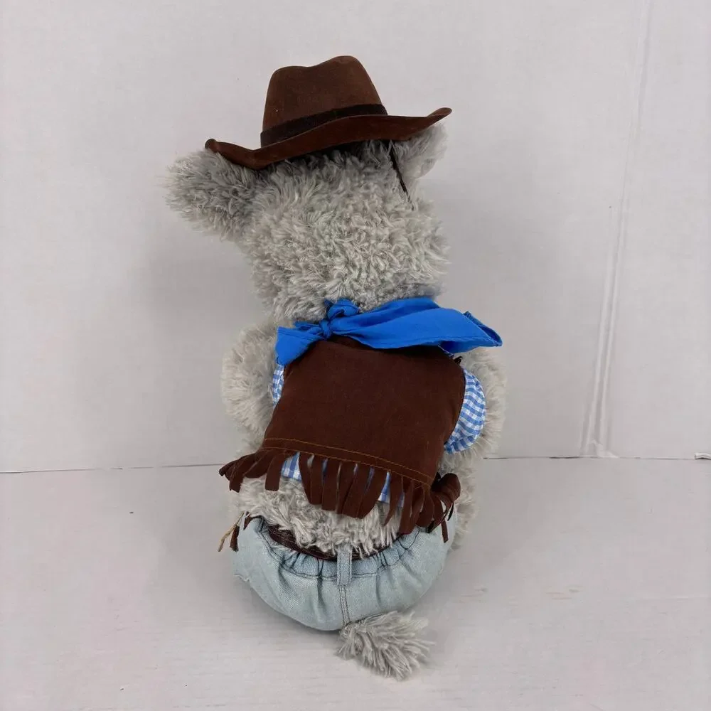 Teddy Mountain Plush Puppy Dog Gray Shaggy Cowboy‎ Outfit Hat Jeans Vest 18 Inch